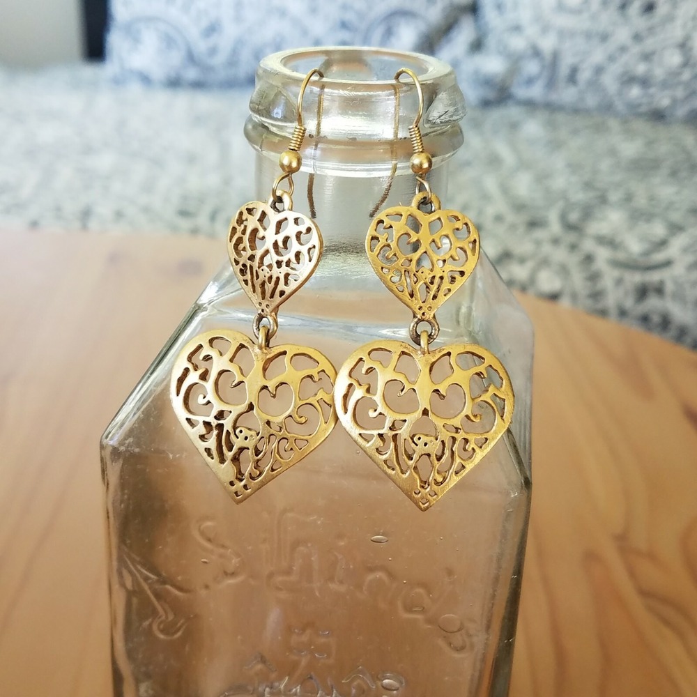 Vintage Gold Tone Filigree Double Heart Dangle Earrings Boho Love Romantic
